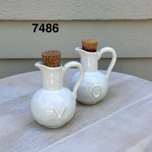 Pottery Barn White Ceramic Oil and Vinegar Cruet Set with Cork Stoppers V O
